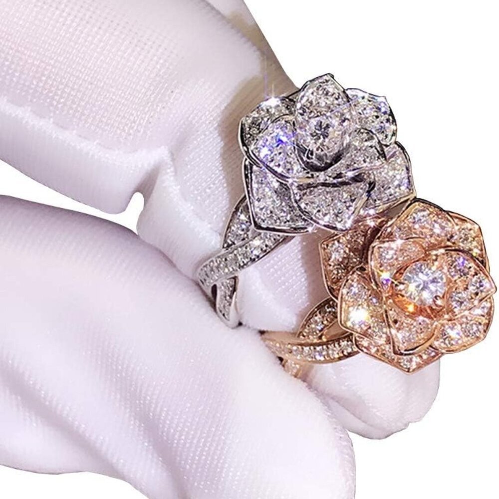 3D Rose Ring CZ Simulated Diamond Ring Rose Gold Ring Rose Flower Ring for Women